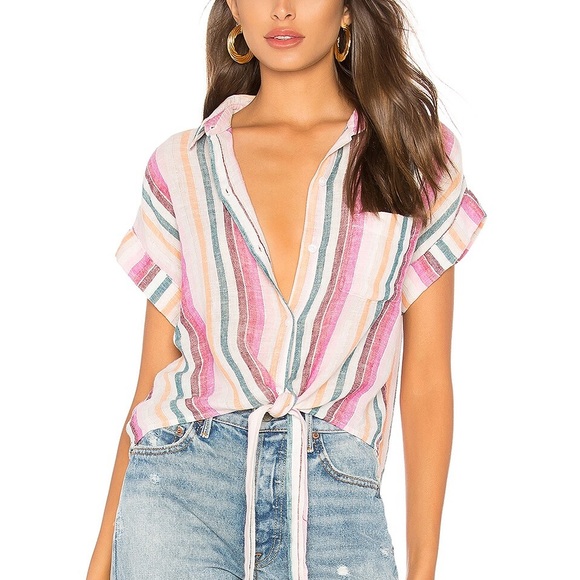 💜 Rails M Amelie Avila Stripe Linen Button Up Tie Bottom Top - Picture 1 of 7
